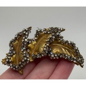 Vintage Miriam Haskell Signed Gold Tone Leaf Rhinestone Brooch